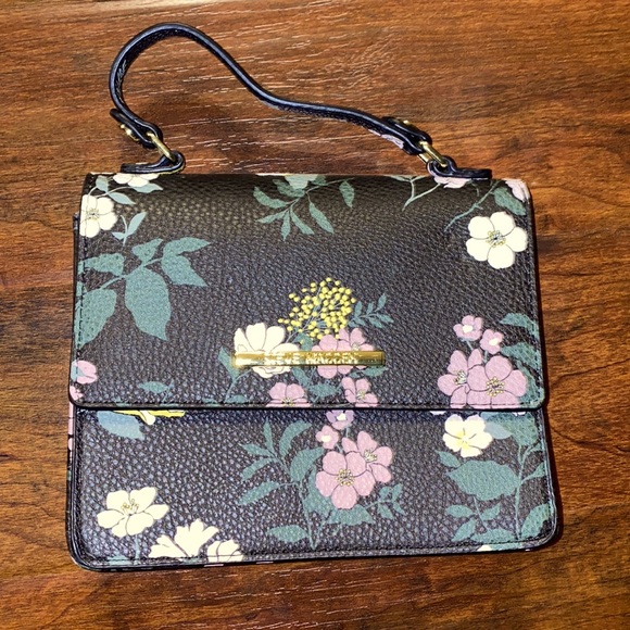 Steve Madden Handbags - Small, Black Floral Print, Steve Madden, Cross Body Purse with Gold Chain Strap